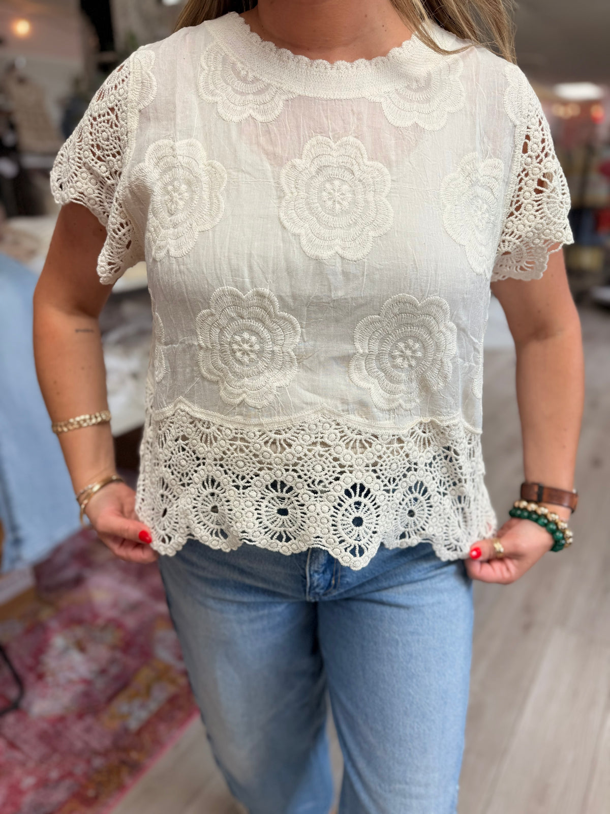 The Everly Embroidered Crochet Lace Blouse: Beige