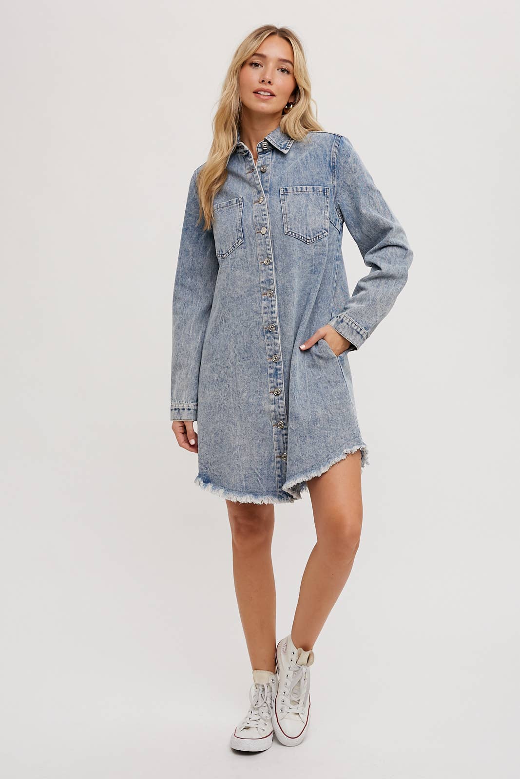 Billie Denim Distressed Long Sleeve Shirt Dress: Medium Wash