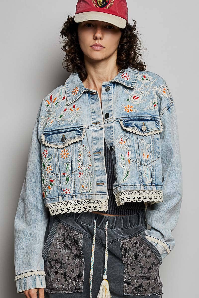 Magnolia Mae Embroidery Lace Trim Denim Jacket