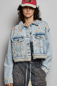 Magnolia Mae Embroidery Lace Trim Denim Jacket