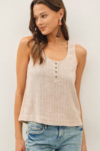 The Marlowe Striped Henley Tank: Almond – Linen Blend Cropped Boxy Tank Top