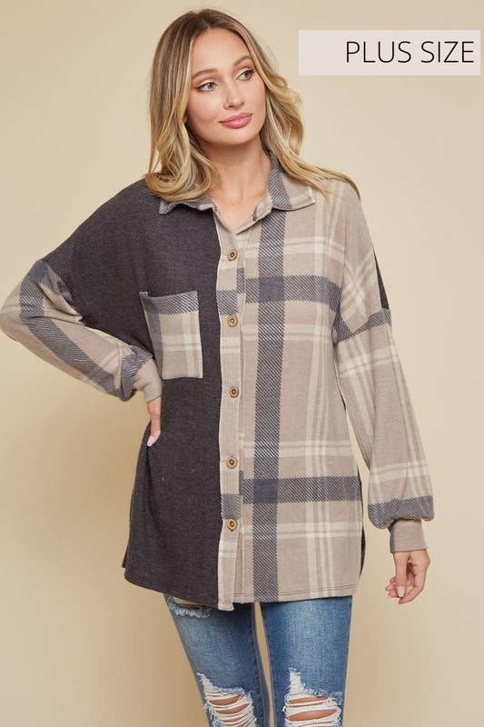 Cozy For The Season Plus Size Plaid Colorblock Shacket: Taupe