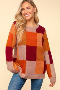 Autumn Vines Cozy Checkered Pullover Sweater: Taupe/ Burnt Orange/ Wine