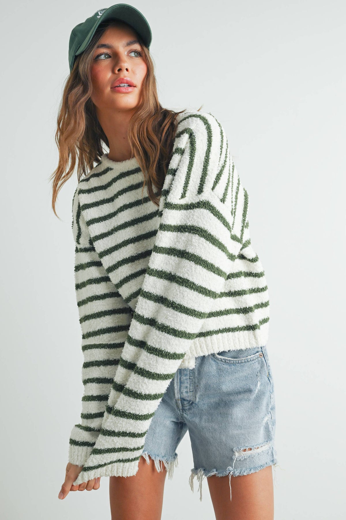 The Olivia Striped Fuzzy Knit Sweater: Ivory/Olive – Cozy Long Sleeve Pullover