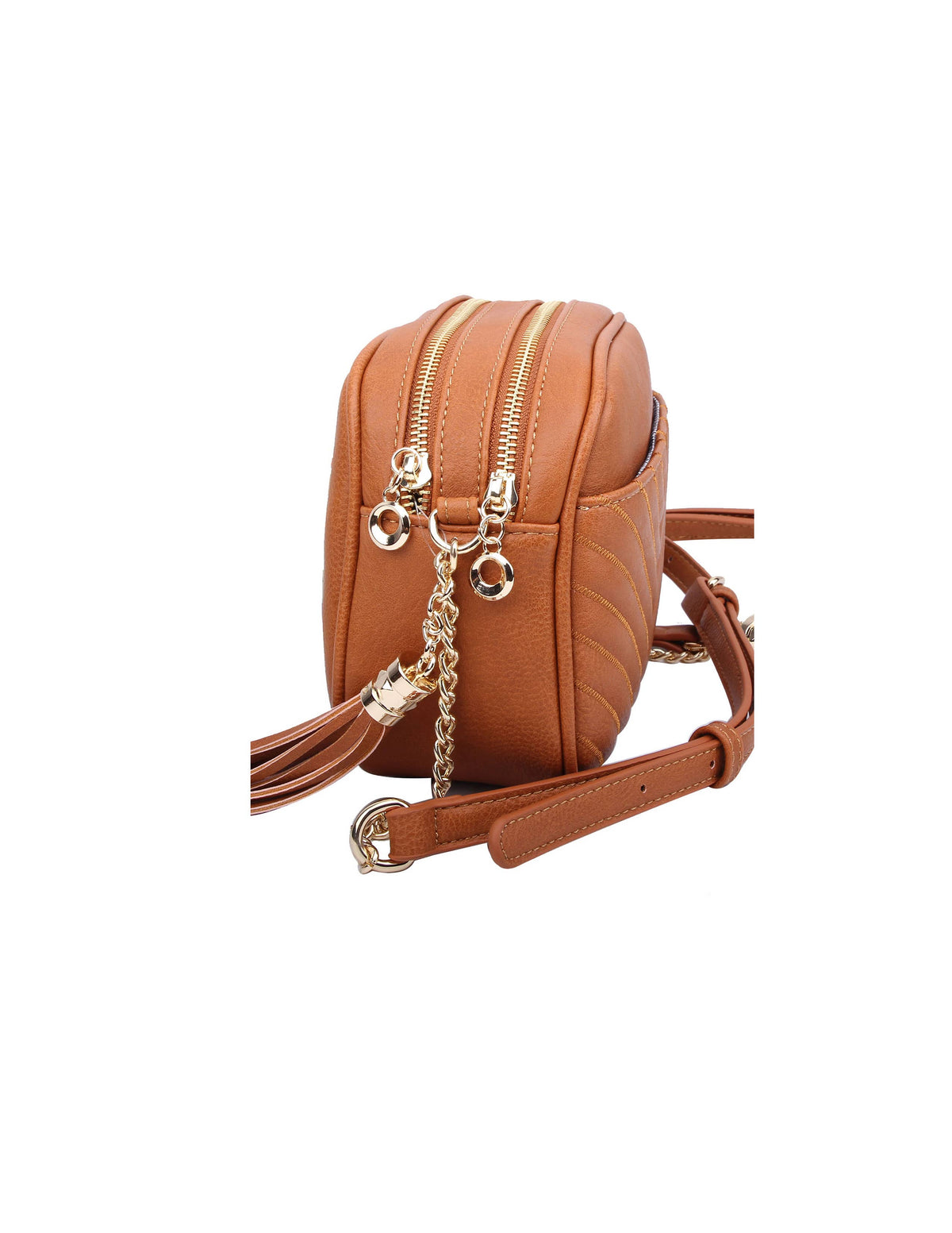 Veronica V-Stitch Tassel Crossbody Bag – Coffee & Stone | Faux Leather Small Purse with Double Zipper Top, Adjustable Strap, Gold Hardware