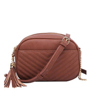 Veronica V-Stitch Tassel Crossbody Bag – Coffee & Stone | Faux Leather Small Purse with Double Zipper Top, Adjustable Strap, Gold Hardware