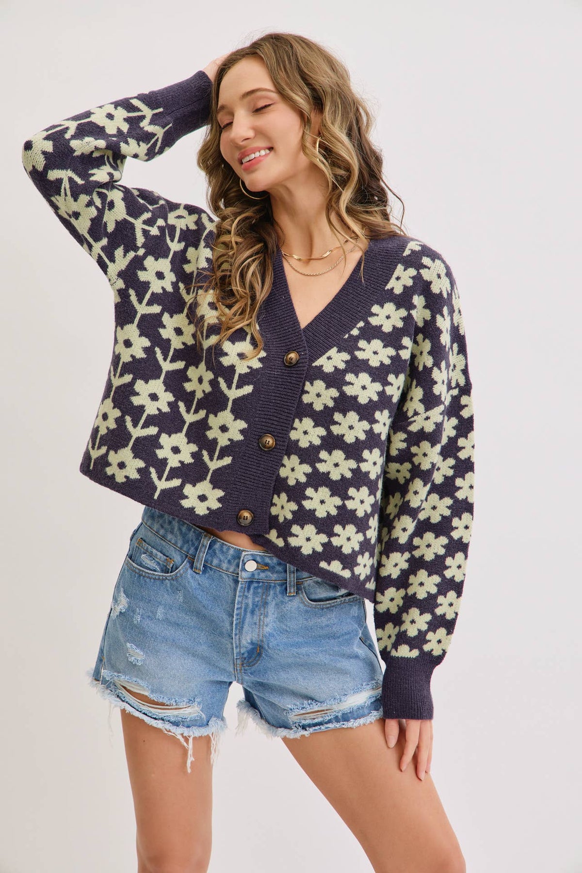 The Soleil Bold Floral Cardigan: Navy – Cropped V-Neck Boxy Sweater