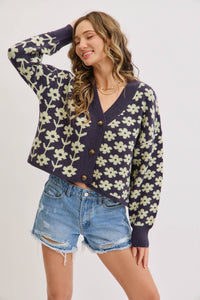 The Soleil Bold Floral Cardigan: Navy – Cropped V-Neck Boxy Sweater