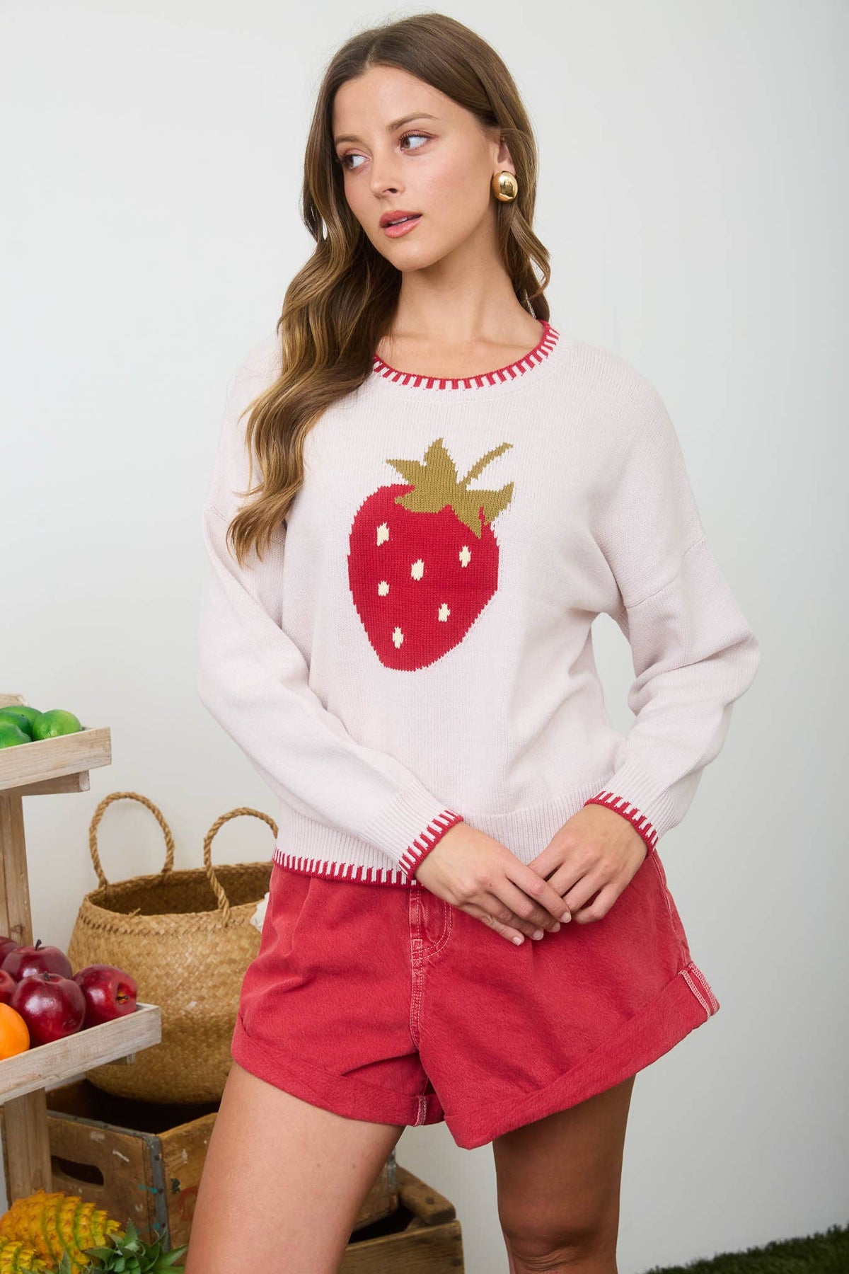 The Emmeline Strawberry Jacquard Sweater – Contrast Stitch Drop Shoulder Knit Pullover