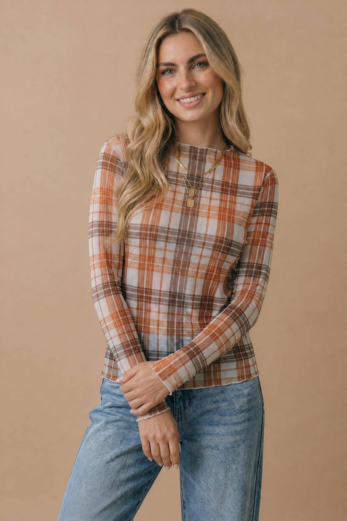 Autumn Theory Plaid Mesh Layering Top: Oatmeal/ Rust