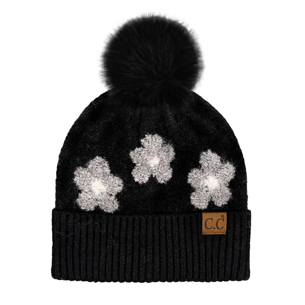 CC Daisy Patch Pom Beanie – Cream Floral Knit Cuff Hat with Faux Fur Pom
