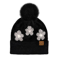 CC Daisy Patch Pom Beanie – Cream Floral Knit Cuff Hat with Faux Fur Pom