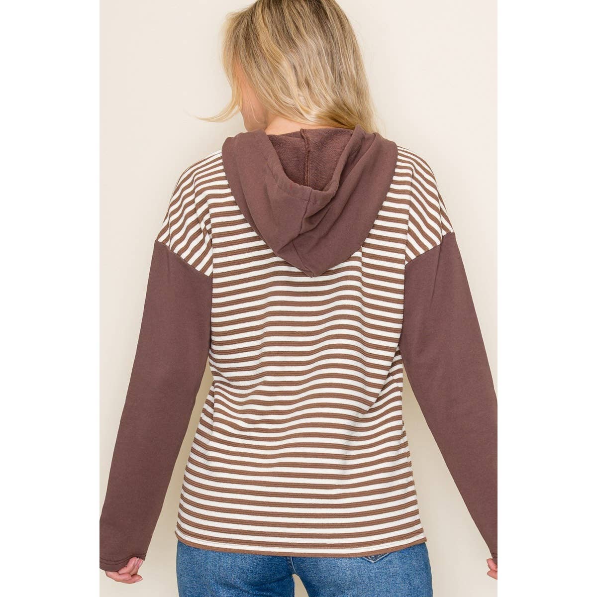 COLOR BLOCK STRIPED HOODIE TOP: OLIVE / S-M-L-XL(2-2-2-1)