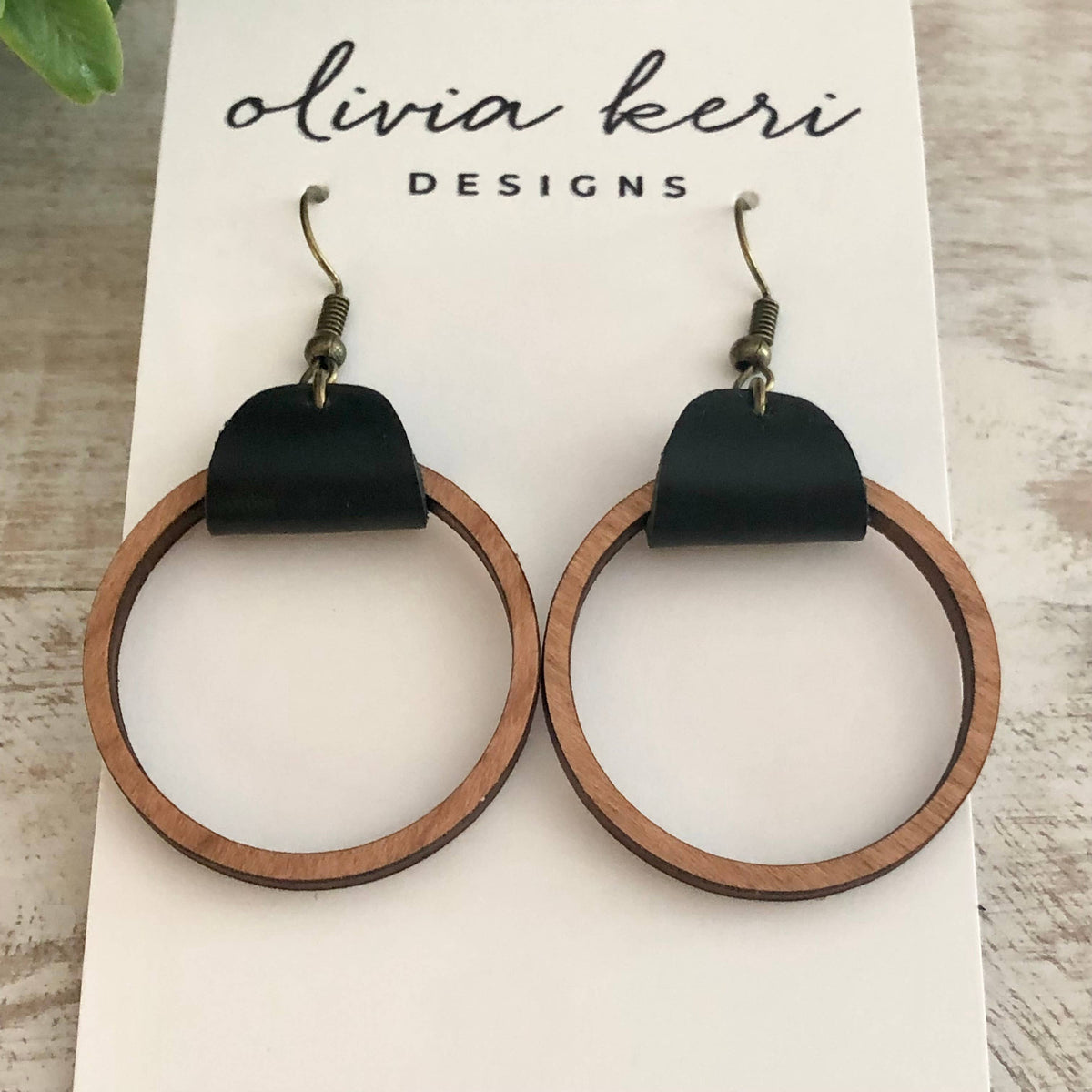 Cherry Wood & Leather Hoop Earrings – Lightweight Statement Earrings with Antique Bronze Hooks
