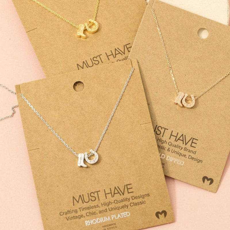 Lucky Cowgirl Charm Necklace – Western Boot & Horseshoe Pendant in Gold or Silver