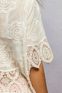 Crochet Trim Neckline Short Sleeve Jacket Top: TAUPE / Os