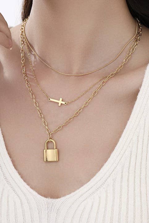 Tarnish Free Layered Cross and Lock Charm Necklace: Gold