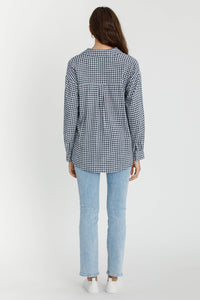 Brie Gingham Long Sleeve Button Down Lightweight Summer Blouse: Navy