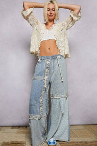 V-neck Short Sleeve Crochet Floral Lace Cardigan: NATURAL / OS