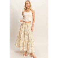 The Willow Lace Tiered Skirt: Cream/Brown Floral