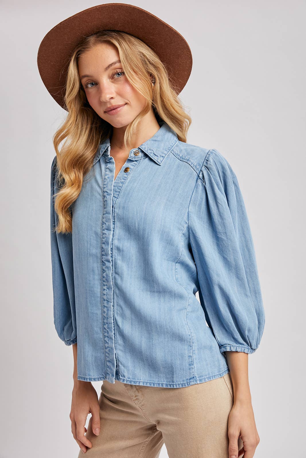 Elowen Denim Balloon Sleeve Button-Up Top