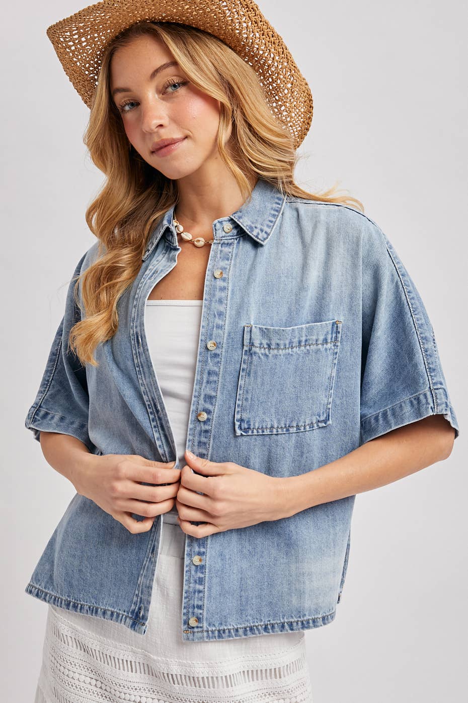 Della Denim Short Sleeve Boxy Top: Light Wash