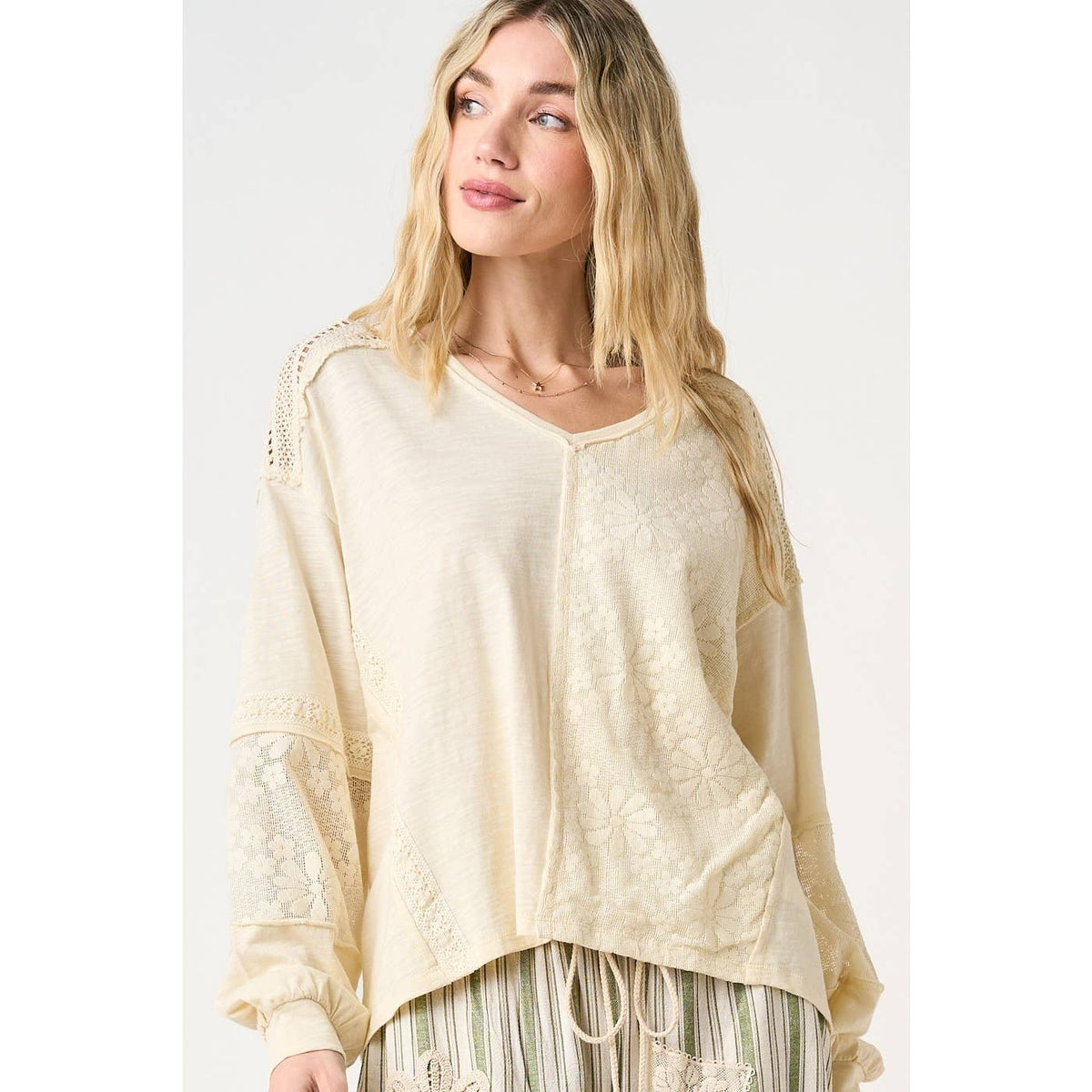 The Willow Lace Mix Top: Natural
