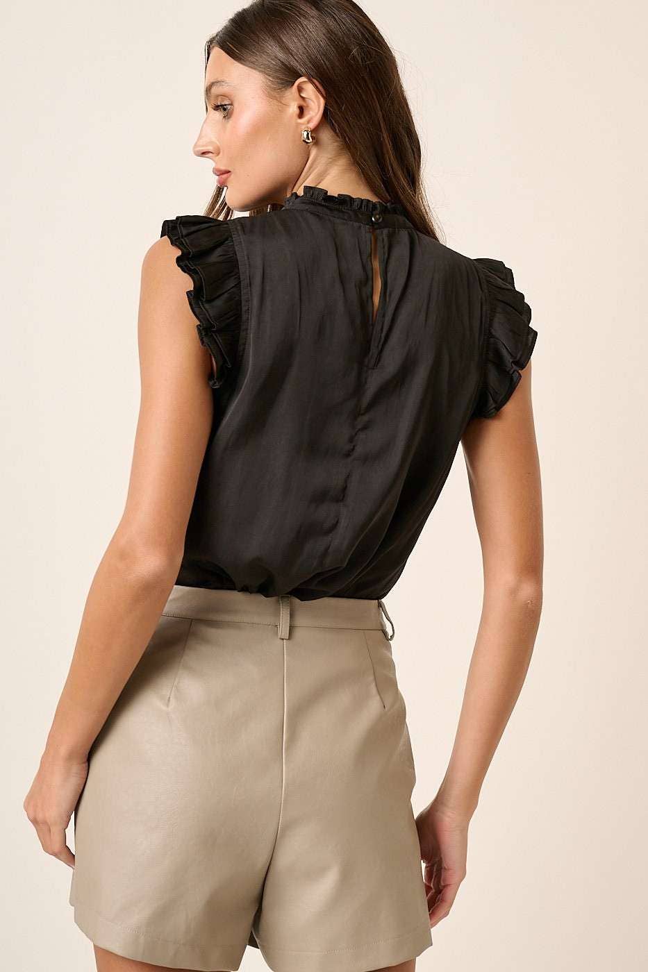 Jasmine Satin Ruffle Sleeveless Blouse: Black