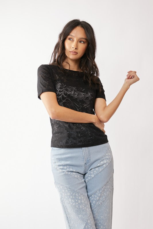 Willow Stretch Lace Short Sleeve Top | Floral Power Mesh Tee