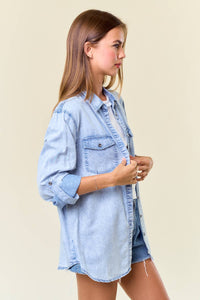 Farrah Chambray Button Down Shirt With Roll up Sleeve: Lt.Denim