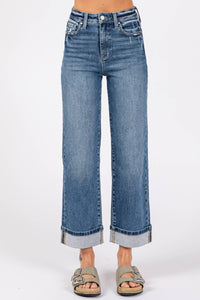 Ella High Rise Relaxed Straight Jeans with Cuffed Hem – Medium Wash