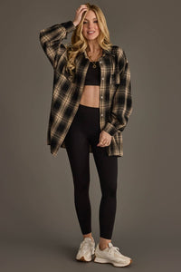 Harper Lightweight Boyfriend Plaid Button-Up Black/ Tan