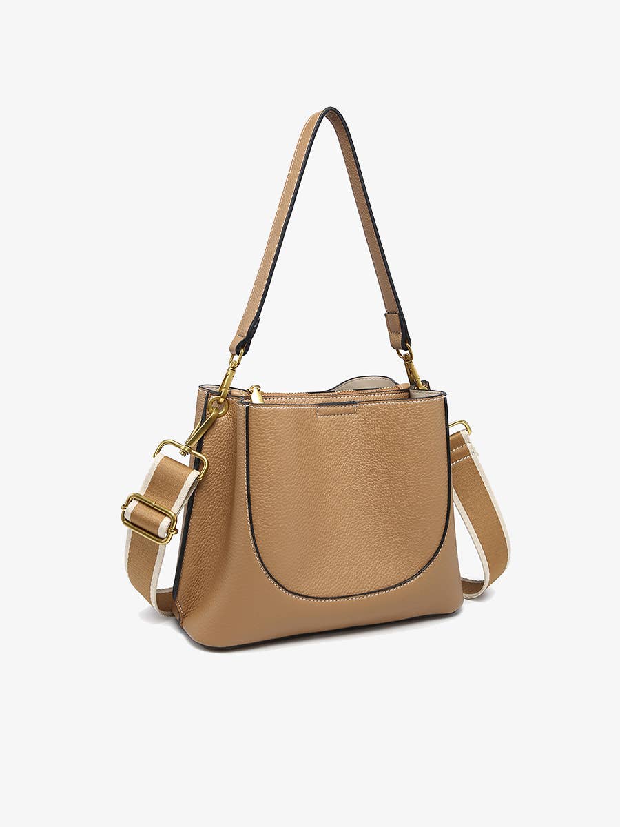 Jen & Co. Corinna Bucket Bag with 2 Toned Guitar Strap: Tan – 3 Compartment Vegan Leather Purse
