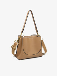 Jen & Co. Corinna Bucket Bag with 2 Toned Guitar Strap: Tan – 3 Compartment Vegan Leather Purse