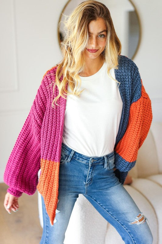 Bella Color Block Chunky Knit Cardigan: Magenta/ Navy/ Rust