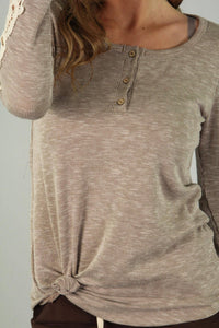 Kate Ribbed Henley Casual Top With Lace Sleeve: Taupe