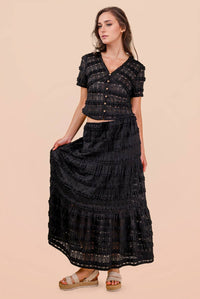 Savannah Tiered Lace Midi Skirt: Black – Boho Elastic Waist Maxi Skirt with Lining