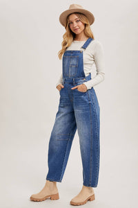 Juniper Barrel Leg Denim Overalls – Vintage Medium Wash Barrel-Leg Overalls with Adjustable Straps