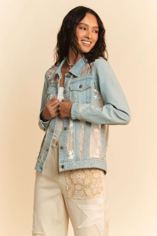 The Briar Lace Panel Denim Jacket – Floral Mesh Western Jean Jacket
