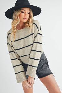 Ainslie Cashmere-Blend Striped Sweater: Oat/Black – Cropped Boxy Fit with Wide Sleeves & Ribbed Trim