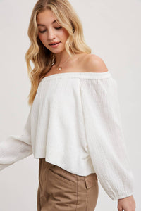 Mikey Linen Off the Shoulder Balloo Hem Top: Ivory