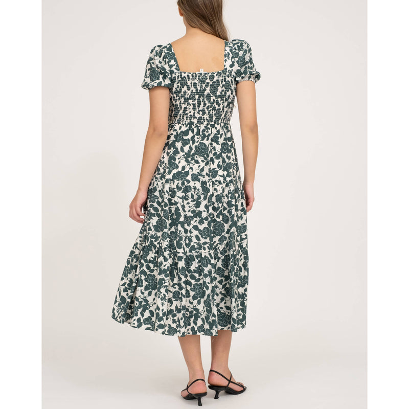 Ivy Garden Smocked Floral Midi Dress – Square Neck Puff Sleeve A-Line Dress for Women