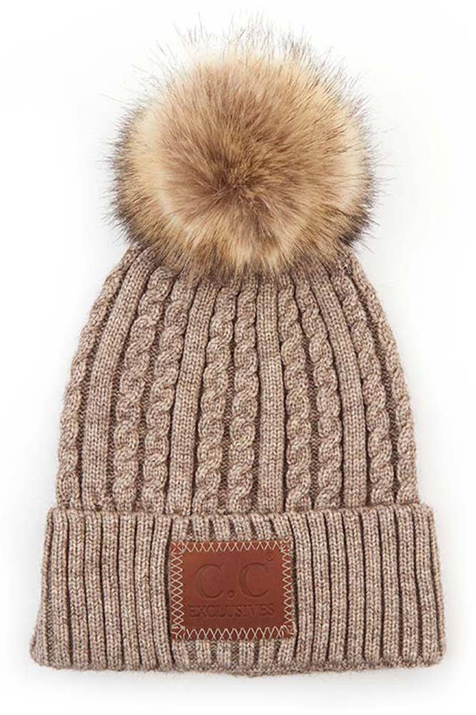 C.C Double Braided Beanie with Faux Fur Pom – Warm Winter Hat with Leather Patch