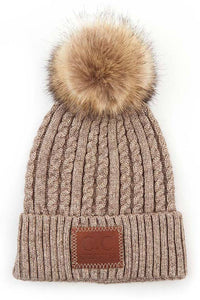 C.C Double Braided Beanie with Faux Fur Pom – Warm Winter Hat with Leather Patch