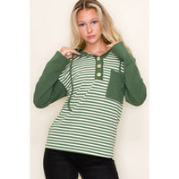 COLOR BLOCK STRIPED HOODIE TOP: OLIVE / S-M-L-XL(2-2-2-1)