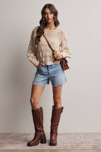 The Meadow Crochet Lace Long Sleeve Top: Ecru