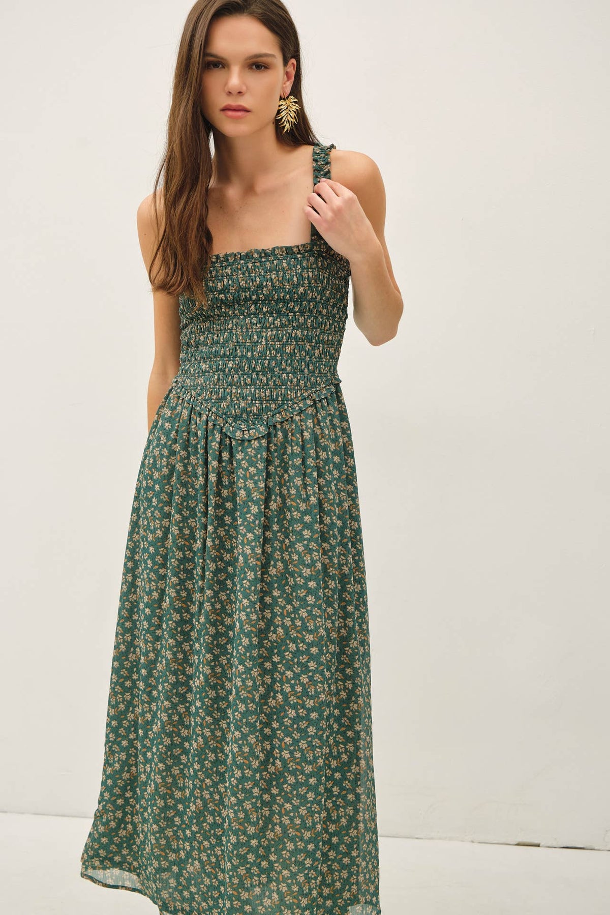 The Everly Floral Midi Dress: Agave Green – Smocked Bodice Ruffle Strap Fit & Flare Dress