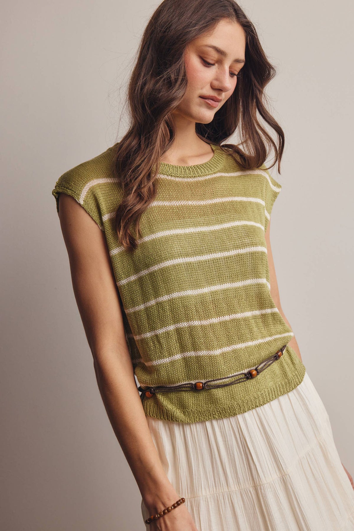 The Harlow Striped Knit Top:Green – Sleeveless Lightweight Sweater Tank