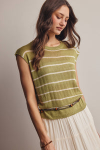The Harlow Striped Knit Top:Green – Sleeveless Lightweight Sweater Tank