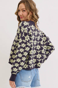 The Soleil Bold Floral Cardigan: Navy – Cropped V-Neck Boxy Sweater